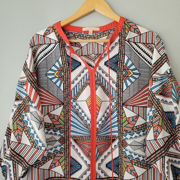 Gibson Latimer Red Colorful Geometric Oversized Pullover Blouse Womens Medium - Picture 2 of 7